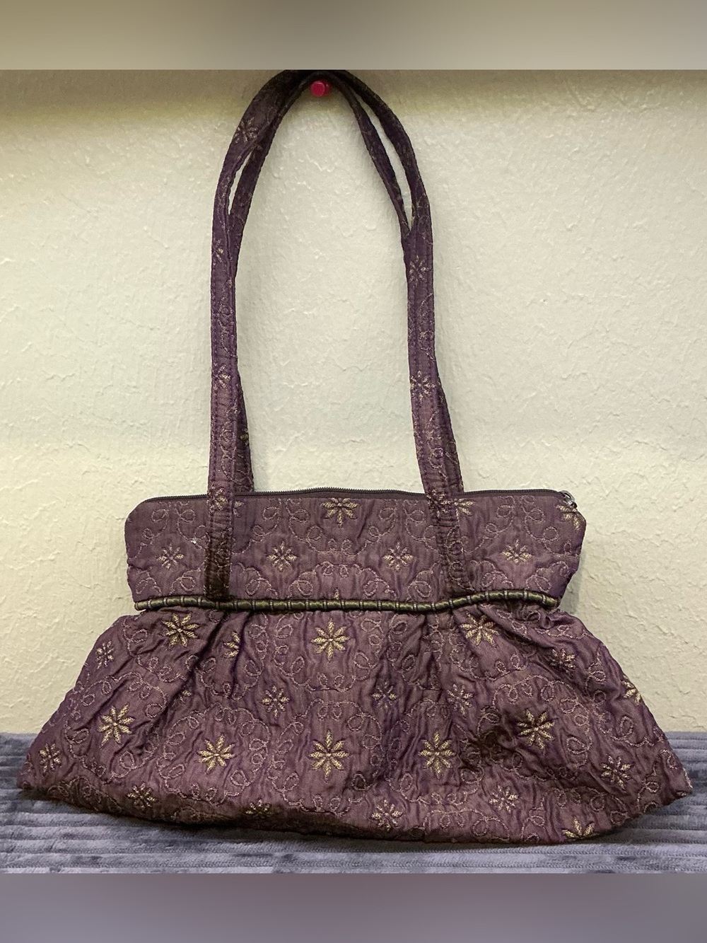 Maruca designs Boulder CO Purple Gold Embroidered Jacquard Pleated Shoulder Bag